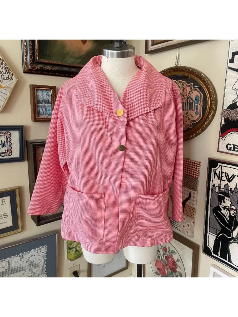 Vintage Red Checkered Houndstooth Womens Jacket With Gold Buttons Size 3X